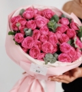 Duo bouquet with peony type fuchsia spray rose and eucalyptus