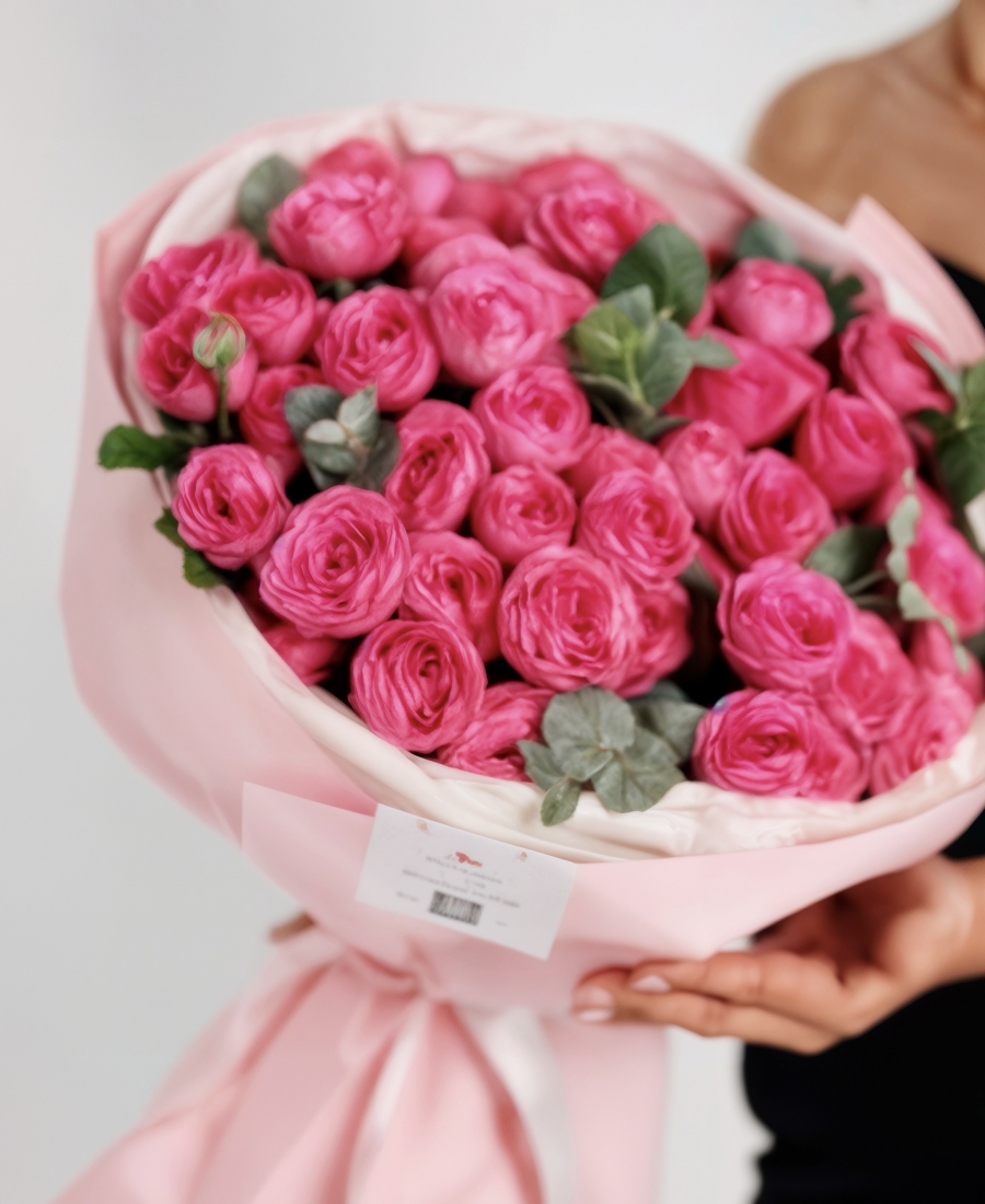 Duo bouquet with peony type fuchsia spray rose and eucalyptus