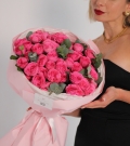 Duo bouquet with peony type fuchsia spray rose and eucalyptus